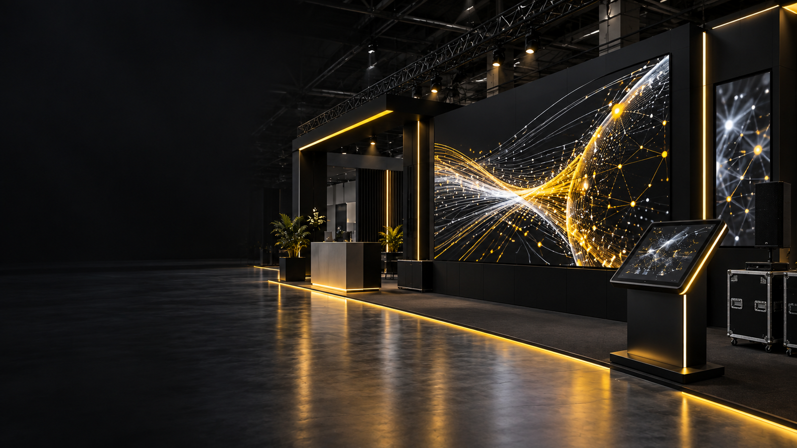 GITEX GLOBAL 2026 AV rental setup in Dubai featuring an LED wall and interactive touchscreen
