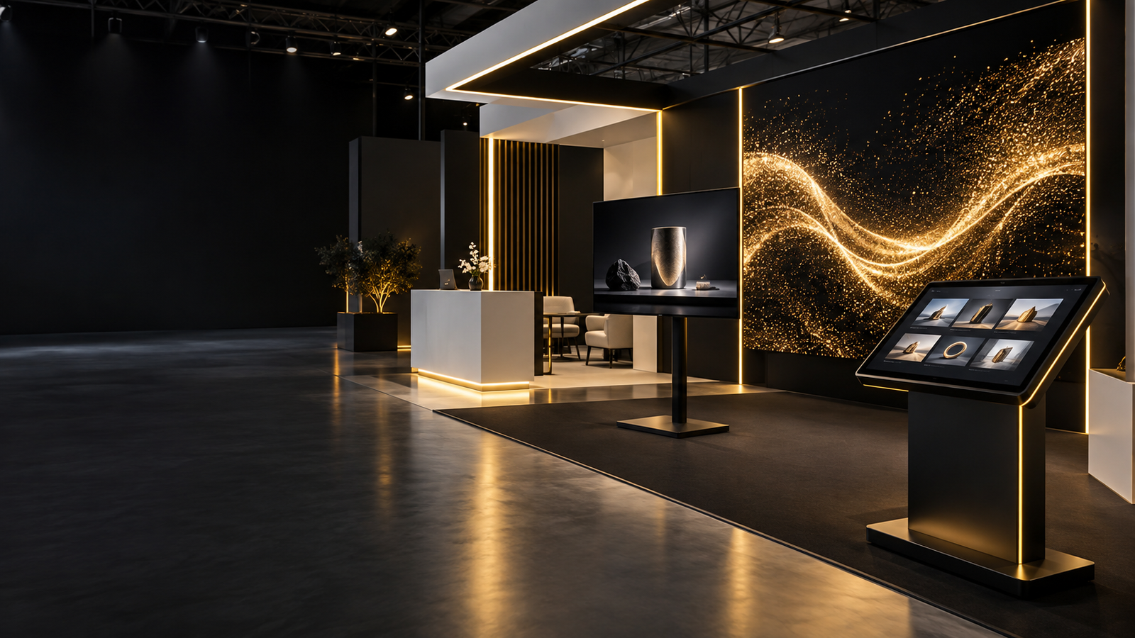 Concept illustration of an exhibition stand with a large LED wall, freestanding TV and touchscreen kiosk